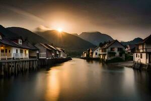 de zon sets over- een rivier- en huizen in de bergen. ai-gegenereerd foto