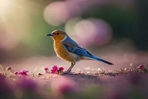 een klein vogel is staand Aan de grond met roze bloemen. ai-gegenereerd foto