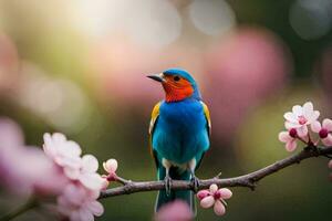 een kleurrijk vogel zit Aan een Afdeling met roze bloemen. ai-gegenereerd foto