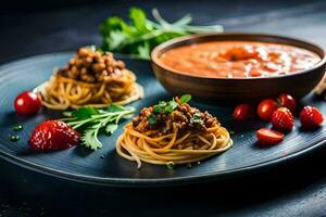 spaghetti met vlees saus en tomaten Aan een bord. ai-gegenereerd foto