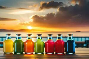 zes flessen van sap Aan een tafel met zonsondergang in de achtergrond. ai-gegenereerd foto