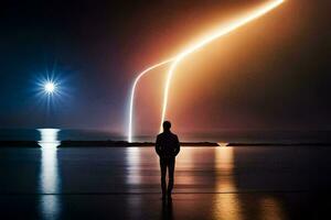 een Mens staand Aan de strand op zoek Bij de maan en een licht pad. ai-gegenereerd foto