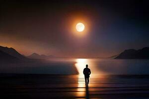 een Mens staand Aan een dok op zoek Bij de maan. ai-gegenereerd foto