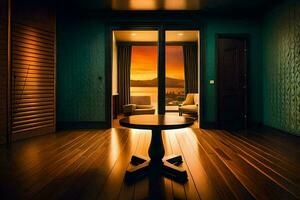 een kamer met een tafel en stoelen in voorkant van een venster. ai-gegenereerd foto