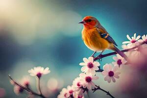 een vogel is neergestreken Aan een Afdeling met bloemen. ai-gegenereerd foto