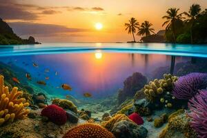de zon sets over- een tropisch rif en koraal riffen. ai-gegenereerd foto