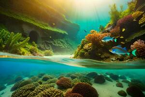 een koraal rif en vis zwemmen in de oceaan. ai-gegenereerd foto