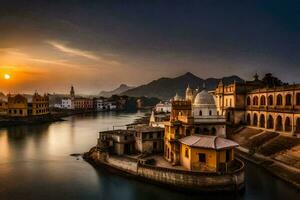 de zon sets over- de stad van udaipur, Indië. ai-gegenereerd foto