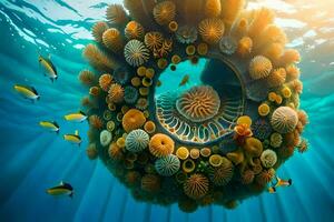 een koraal bal omringd door vis. ai-gegenereerd foto
