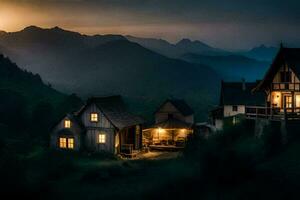 foto behang de lucht, bergen, huis, de nacht, de bergen, de huis, de. ai-gegenereerd