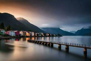 een pier in de midden- van een meer met huizen Aan het. ai-gegenereerd foto