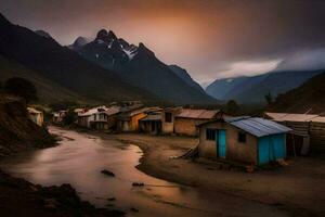 een rivier- loopt door een dorp in de bergen. ai-gegenereerd foto