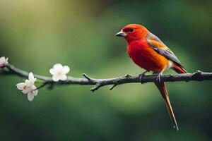 een rood vogel zit Aan een Afdeling met een bloem. ai-gegenereerd foto