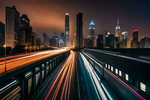 een lang blootstelling fotograaf van een stad Bij nacht. ai-gegenereerd foto