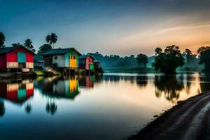 kleurrijk huizen Aan de water Bij zonsondergang. ai-gegenereerd foto