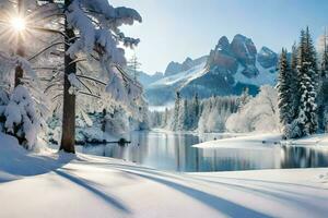 een besneeuwd landschap met bomen en een meer. ai-gegenereerd foto