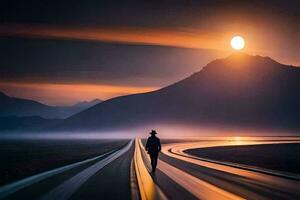 een Mens wandelingen naar beneden de midden- van een weg Bij zonsondergang. ai-gegenereerd foto