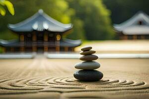 een zen tuin met stenen en een pagode in de achtergrond. ai-gegenereerd foto