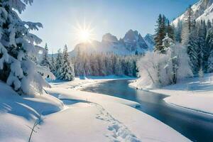 een rivier- in de sneeuw. ai-gegenereerd foto