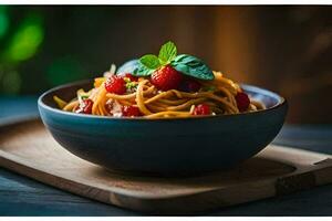 een kom van pasta met aardbeien en basilicum bladeren. ai-gegenereerd foto