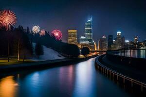 vuurwerk zijn lit omhoog in de lucht over- een rivier. ai-gegenereerd foto