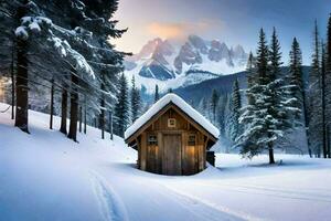 een cabine in de sneeuw met bomen en bergen in de achtergrond. ai-gegenereerd foto