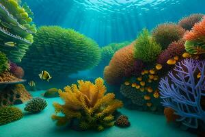 een onderwater- tafereel met kleurrijk koralen en vis. ai-gegenereerd foto