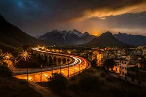 een lang blootstelling foto van een brug en bergen Bij nacht. ai-gegenereerd