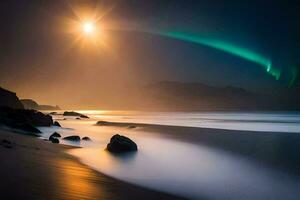 de Aurora borealis lichten omhoog de lucht over- een strand. ai-gegenereerd foto
