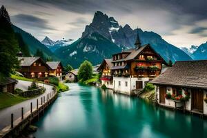 foto behang bergen, water, huizen, meer, bergen, Zwitserland, Alpen, zw. ai-gegenereerd
