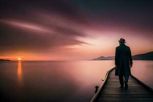 een Mens in een hoed wandelingen langs een pier Bij zonsondergang. ai-gegenereerd foto