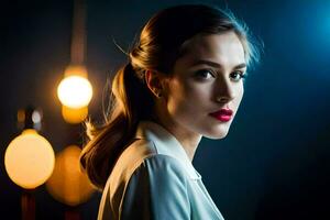 een vrouw met rood lippenstift en wit shirt. ai-gegenereerd foto