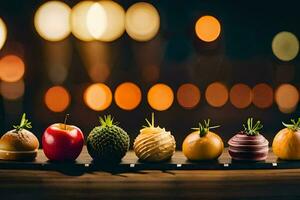 een rij van fruit en groenten Aan een houten tafel. ai-gegenereerd foto