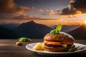 een Hamburger Aan een bord met bergen in de achtergrond. ai-gegenereerd foto