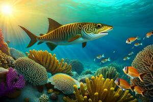 een vis zwemmen in de oceaan met koraal riffen. ai-gegenereerd foto