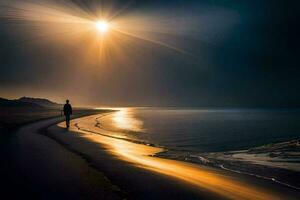 een Mens wandelingen langs de strand Bij zonsondergang. ai-gegenereerd foto