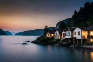 foto behang de lucht, bergen, meer, huizen, de zee, de bergen, de meer. ai-gegenereerd