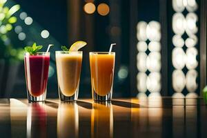 drie verschillend types van drankjes zijn bekleed omhoog Aan een tafel. ai-gegenereerd foto