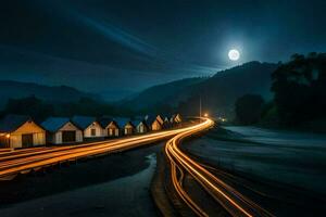 een lang blootstelling foto van een trein voorbijgaan door een stad- Bij nacht. ai-gegenereerd