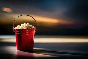 popcorn in een rood emmer. ai-gegenereerd foto