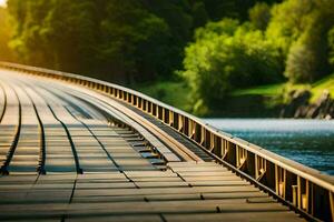 een lang houten brug over- een rivier. ai-gegenereerd foto
