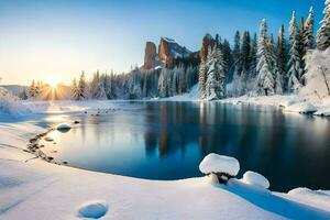 foto behang de lucht, sneeuw, bomen, rivier, bergen, zon, winter, landschap,. ai-gegenereerd