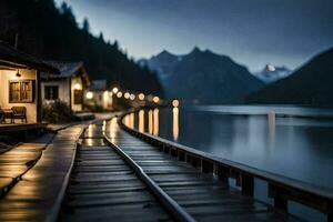 foto behang de nacht, meer, bergen, huis, de huis, de huis, de huis. ai-gegenereerd