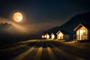 foto behang de maan, weg, huizen, bergen, weg, de weg, de weg,. ai-gegenereerd