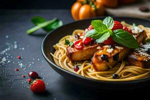 kip borst met pasta en tomaten in een zwart schaal. ai-gegenereerd foto