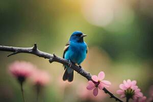 een blauw vogel zit Aan een Afdeling met roze bloemen. ai-gegenereerd foto