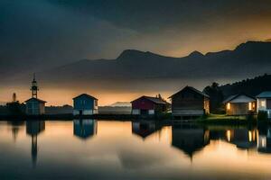 de zon sets over- een meer en sommige huizen. ai-gegenereerd foto