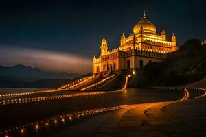 de gouden moskee Bij nacht met lichten Aan de grond. ai-gegenereerd foto