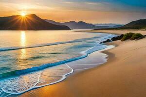de zon stijgt over- de oceaan en de strand in deze mooi foto. ai-gegenereerd foto