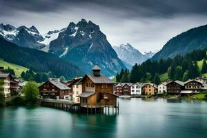 een meer en berg dorp in de Zwitsers Alpen. ai-gegenereerd foto